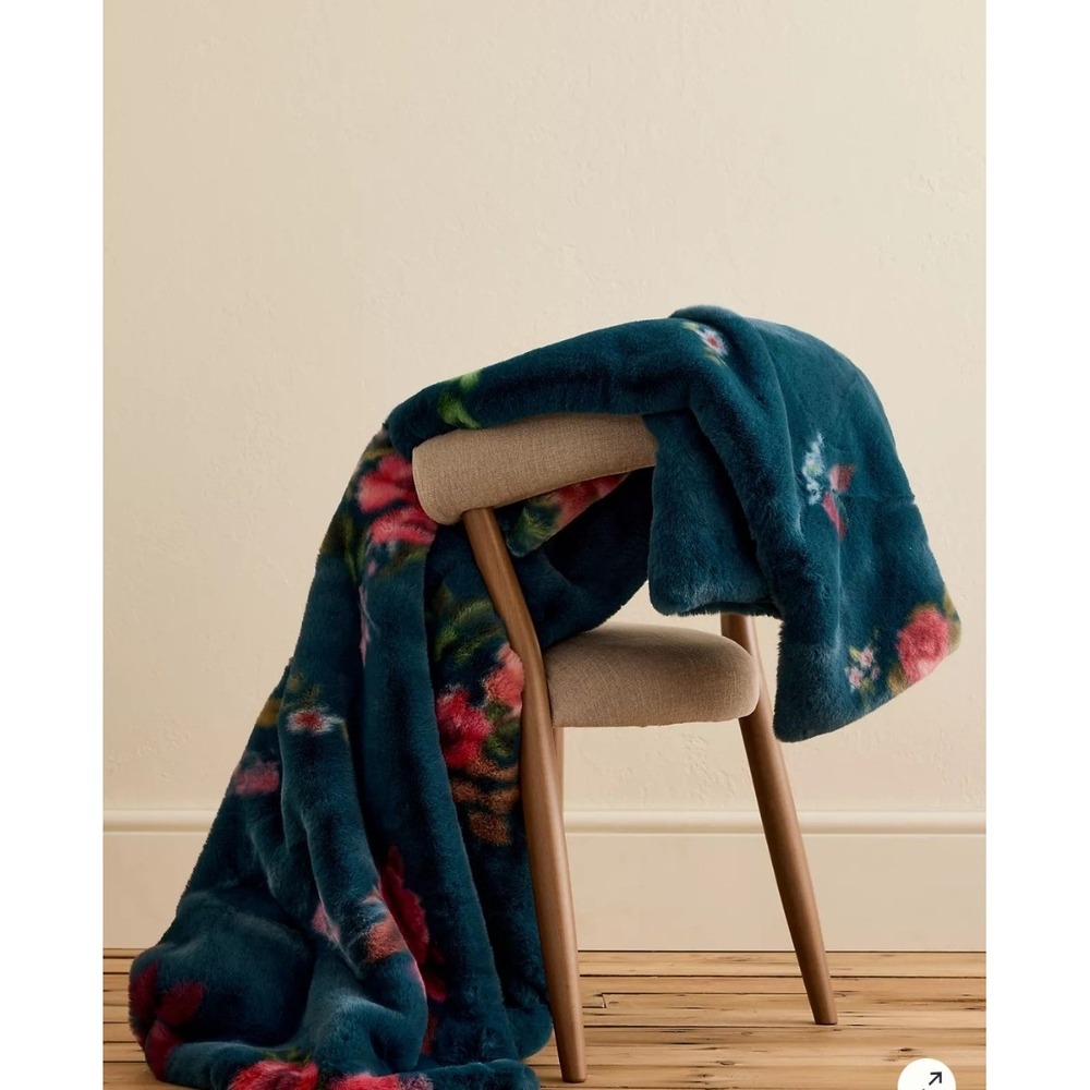 Maeve Anthropologie Teal Floral Printed Faux Fur Throw Blanket 60x70